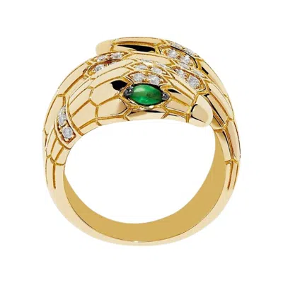Pre-owned Effy Serpenti 14k Gold Ring With White Diamonds & Emeralds