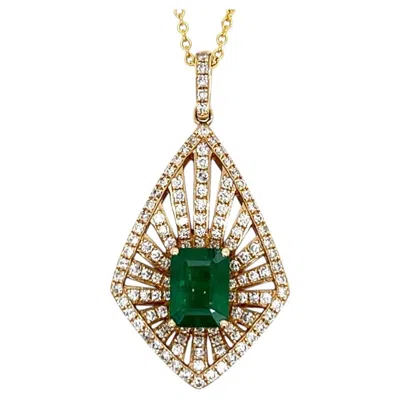 Pre-owned Effy Signed 14k Gold Diamond Lozenge Pendant Necklace With 1.25 Ct Emerald In Green