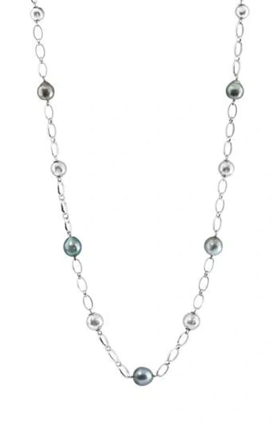 Effy Sterling Silver 9mm Black Tahitian Pearl Station Necklace In Metallic