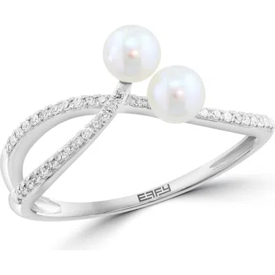 Effy Sterling Silver Akoya Pearl & Diamond Ring In White