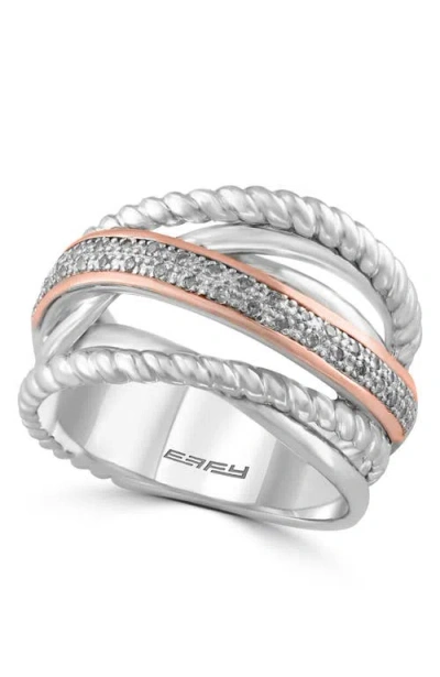 Effy Sterling Silver & 14k Rose Gold Cross-over Diamond Ring In Red