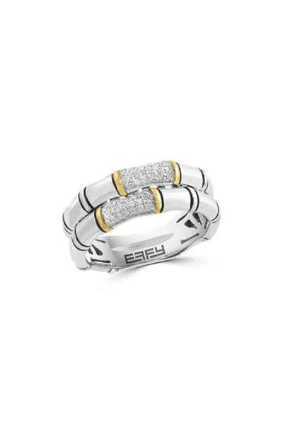 Effy Sterling Silver & 18k Yellow Gold Pavé Diamond Bamboo Double Band Ring In Metallic