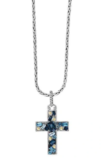 Effy Sterling Silver Blue Topaz Cross Pendant Necklace In White