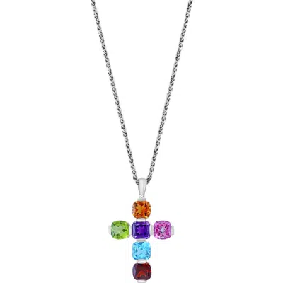 Effy Sterling Silver Cross Pendant Necklace In Blue/green/pink Multi
