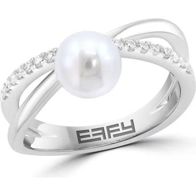 Effy Sterling Silver Freshwater Pearl & Diamond Ring In Metallic