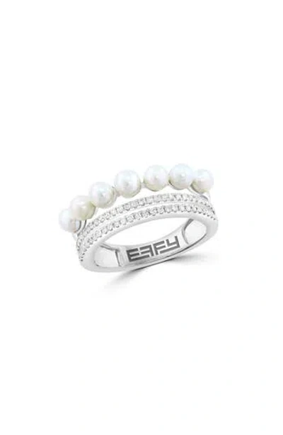 Effy Sterling Silver Freshwater Pearl & Diamond Triple Band Ring In White