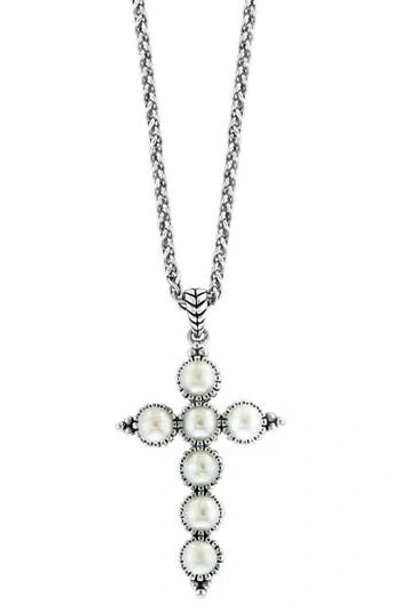 Effy Sterling Silver Freshwater Pearl Cross Pendant Necklace
