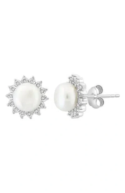 Effy Sterling Silver Freshwater Pearl Diamond Halo Stud Earrings In White