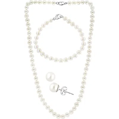 Effy Sterling Silver Freshwater Pearl Necklace, Bracelet & Earrings 3-piece Set In Metallic
