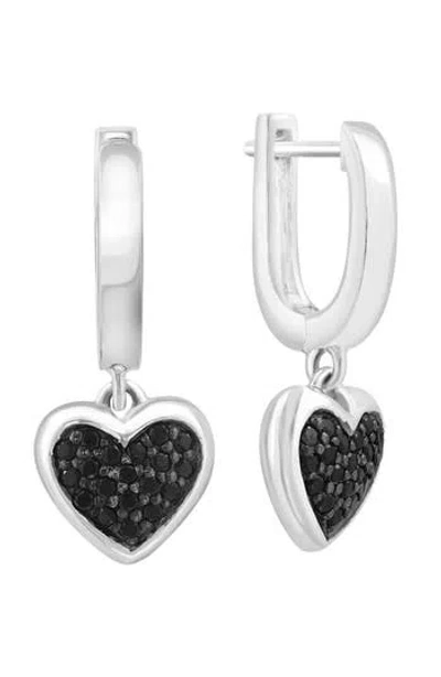 Effy Sterling Silver Pavé Black Spinel Heart Drop Huggie Hoop Earrings In White