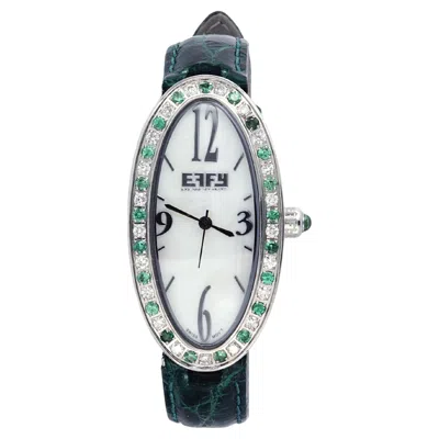 Pre-owned Effy Tsavorite & Diamonds Pave Dial Luxury Swiss Quartz Exotic Leather Band Watch In Multi