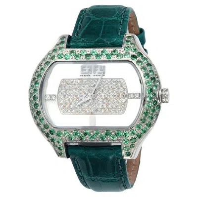 Pre-owned Effy Tsavorites & Diamond Pave Dial Luxury Swiss Quartz Exotic Leather Band Watch In Multi