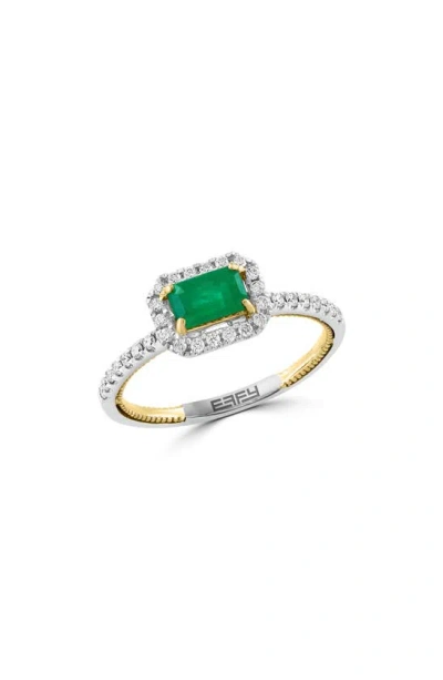 Effy Two-tone 14k Gold Emerald & Diamond Halo Ring In Green