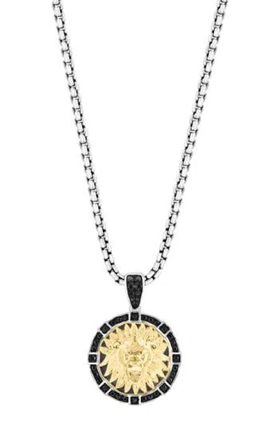 Effy Two-tone Black Spinel Lion Head Medallion Pendant Necklace In Silver