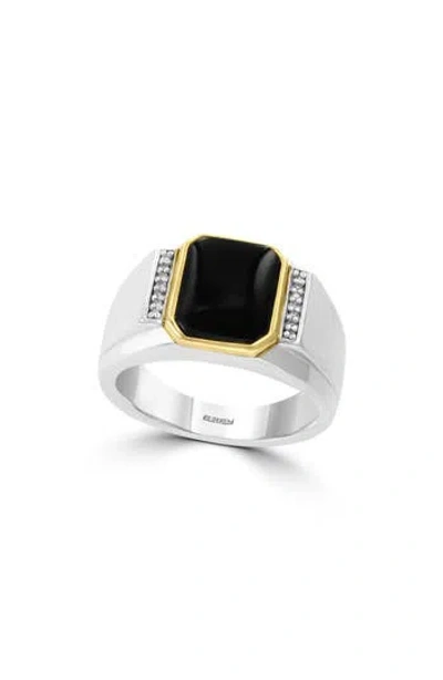 Effy Two-tone Onyx & Diamond Ring In Silver