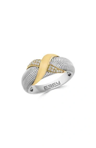 Effy Two-tone Pavé Diamond Textured Band Ring In Silver