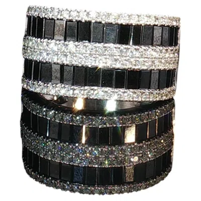 Pre-owned Effy Vintage  14k White Gold Black & White Diamond Wide Band Ring Size 7 8.1g