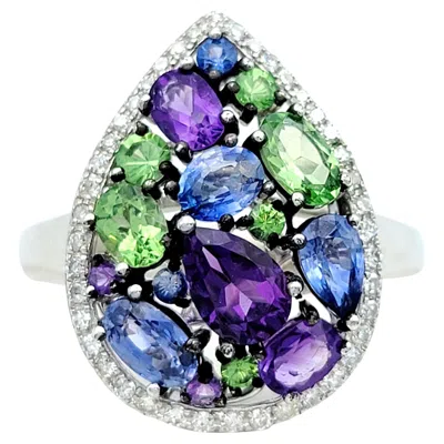 Pre-owned Effy Watercolors Multi Gemstone And Diamond Cocktail Ring In 14 Karat White Gold
