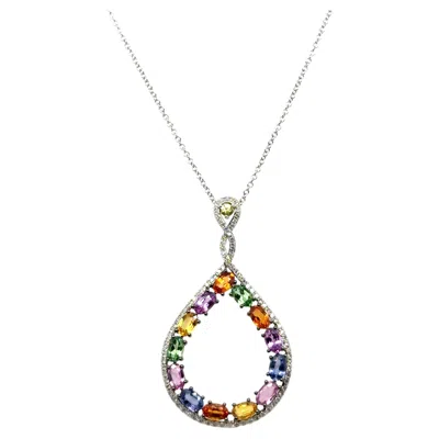 Pre-owned Effy Watercolors Multicolor Sapphire Tsavorite Diamond 14k White Gold Pendant Ne