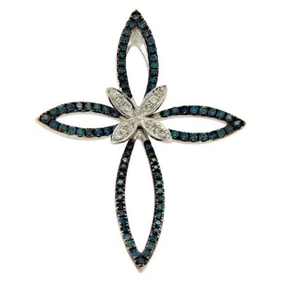 Pre-owned Effy White And Green Diamonds 14 Karat White Gold Butterfly Cross Pendant Charm