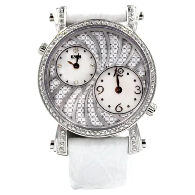 Pre-owned Effy White Sapphires Pave Dial Luxury Swiss Quartz Exotic Leather Band Watch