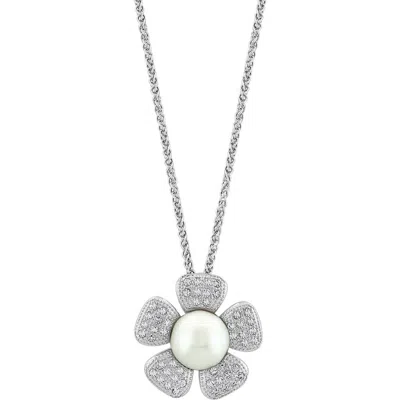 Effy White Topaz & Cultured Pearl Flower Pendant Necklace In Metallic