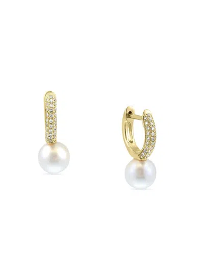 Effy Women's 14k Goldplated Sterling Silver, 6mm Freshwater Pearl & Diamond Huggie Earrings