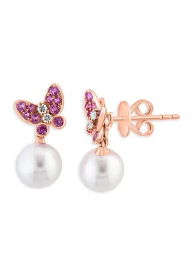 Effy Women's 14k Rose Gold, 6.5mm Akoya Pearl, Sapphire & Diamond Butterfly Stud Earrings