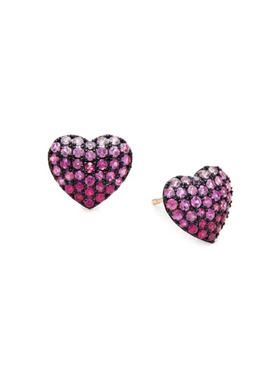 Effy Women's 14k Rose Gold, Sapphire & Diamond Heart Stud Earrings