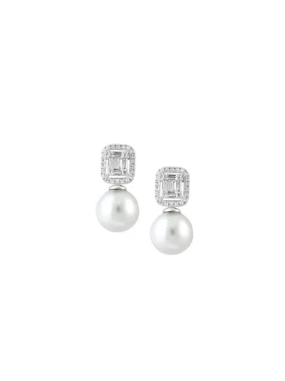 Effy Women's 14k White Gold, 0.34 Tcw Diamond & 9mm Freshwater Pearl Drop Earrings