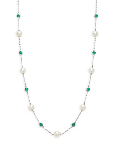 Effy Women's 14k White Gold, 6mm Freshwater Pearl & Emerald Station Necklace
