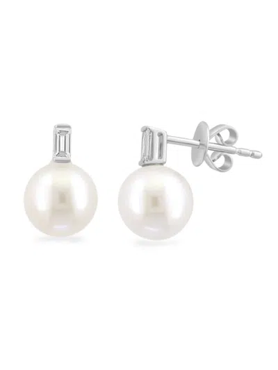 Effy Women's 14k White Gold, 7mm Freshwater Pearl & 0.11 Tcw Diamond Stud Earrings