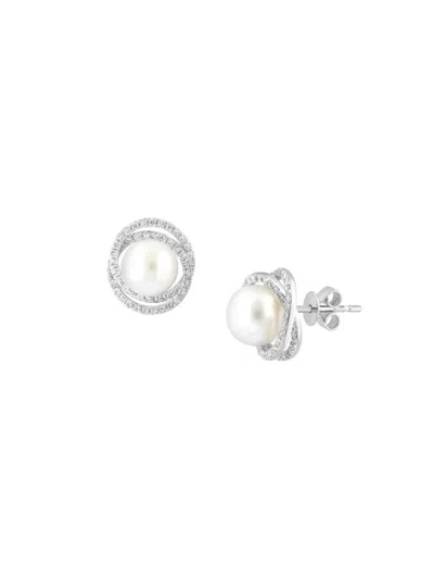 Effy Women's 14k White Gold, 8mm Round Freshwater Pearl & Diamond Stud Earrings