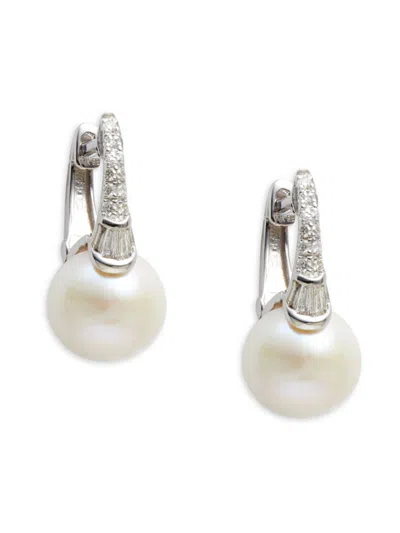 Effy Women's 14k White Gold, 9mm Freshwater Pearl & Diamond Huggie Earrings