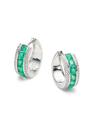 Effy Women's 14k White Gold, Emerald & Diamond Huggie Earrings