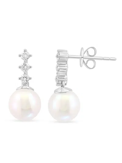 Effy Women's 14k White Gold, Round Freshwater Pearl & Diamond Drop Earrings