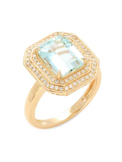 Effy Women's 14k Yellow Gold, 0.29 Tcw Diamond & Aquamarine Double Halo Ring