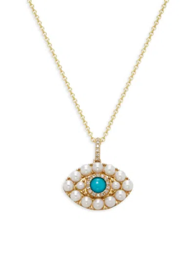 Effy Women's 14k Yellow Gold, 0.35 Tcw Turquoise, 0.06 Tcw Diamond & Freshwater Pearl Pendant Necklace