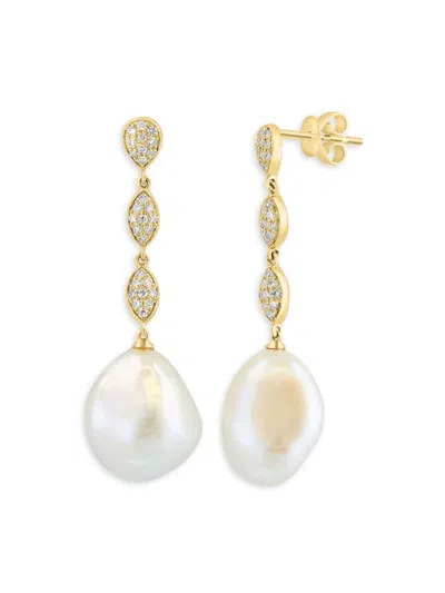 Effy Women's 14k Yellow Gold, 11-13mm Baroque Freshwater Pearl & Diamond Drop Earrings
