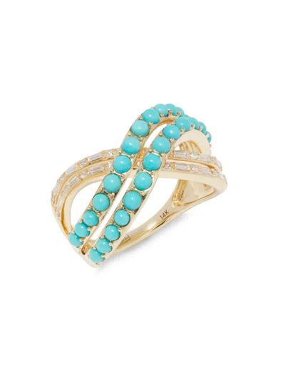 Effy Women's 14k Yellow Gold, 1.50 Ctw Turquoise & 0.27 Tcw Diamond Crossover Ring
