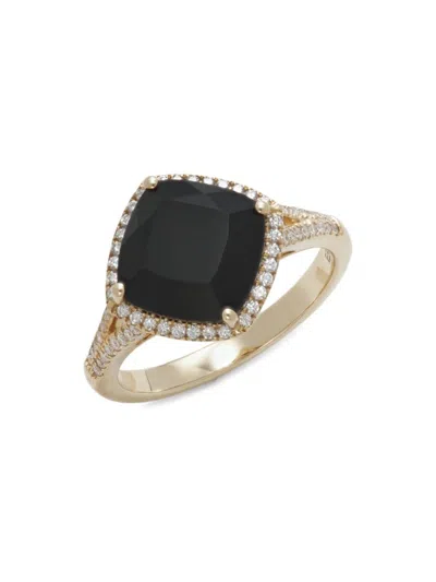 Effy Women's 14k Yellow Gold, 3.56 Tcw Onyx & 0.23 Tcw Diamond Halo Ring