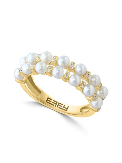 Effy Women's 14k Yellow Gold, 3mm Round Freshwater Pearl & Diamond Ring