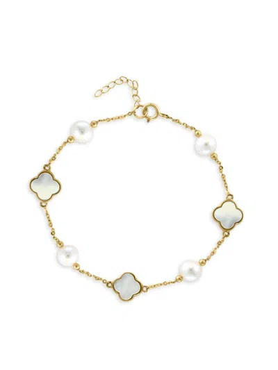 Effy Women's 14k Yellow Gold, 6-6.5mm Freshwater Pearl & Mother Of Pearl Clover Station Bracelet