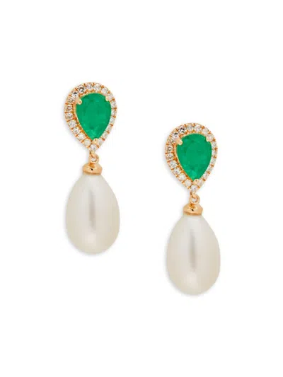 Effy Women's 14k Yellow Gold, 7mm Freshwater Pearl, Emerald & Diamond Drop Earrings