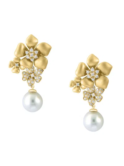 Effy Women's 14k Yellow Gold, 7mm Round White Freshwater Pearl & Diamond Floral Drop Earrings