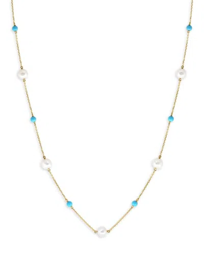Effy Women's 14k Yellow Gold, 7mm White Round Freshwater Pearl & Turquoise Station Necklace