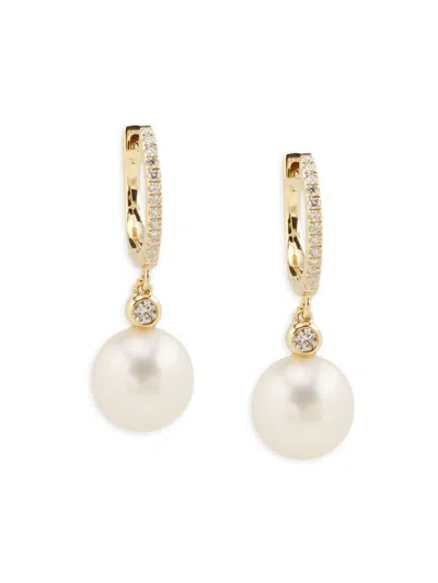 Effy Women's 14k Yellow Gold, 9.0mm Freshwater Pearl & 0.18 Tcw Diamond Drop Earrings
