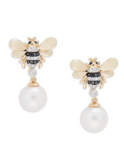 Effy Women's 14k Yellow Gold, 9mm Freshwater Pearl, Black & White Diamond Bee Earrings