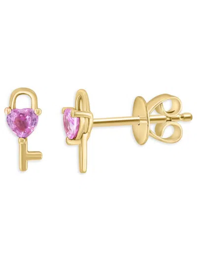 Effy Women's 14k Yellow Gold & Pink Sapphire Heart Key Stud Earrings