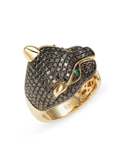 Effy Women's 14k Yellow Gold, Black Diamond & Emerald Panther Open Ring